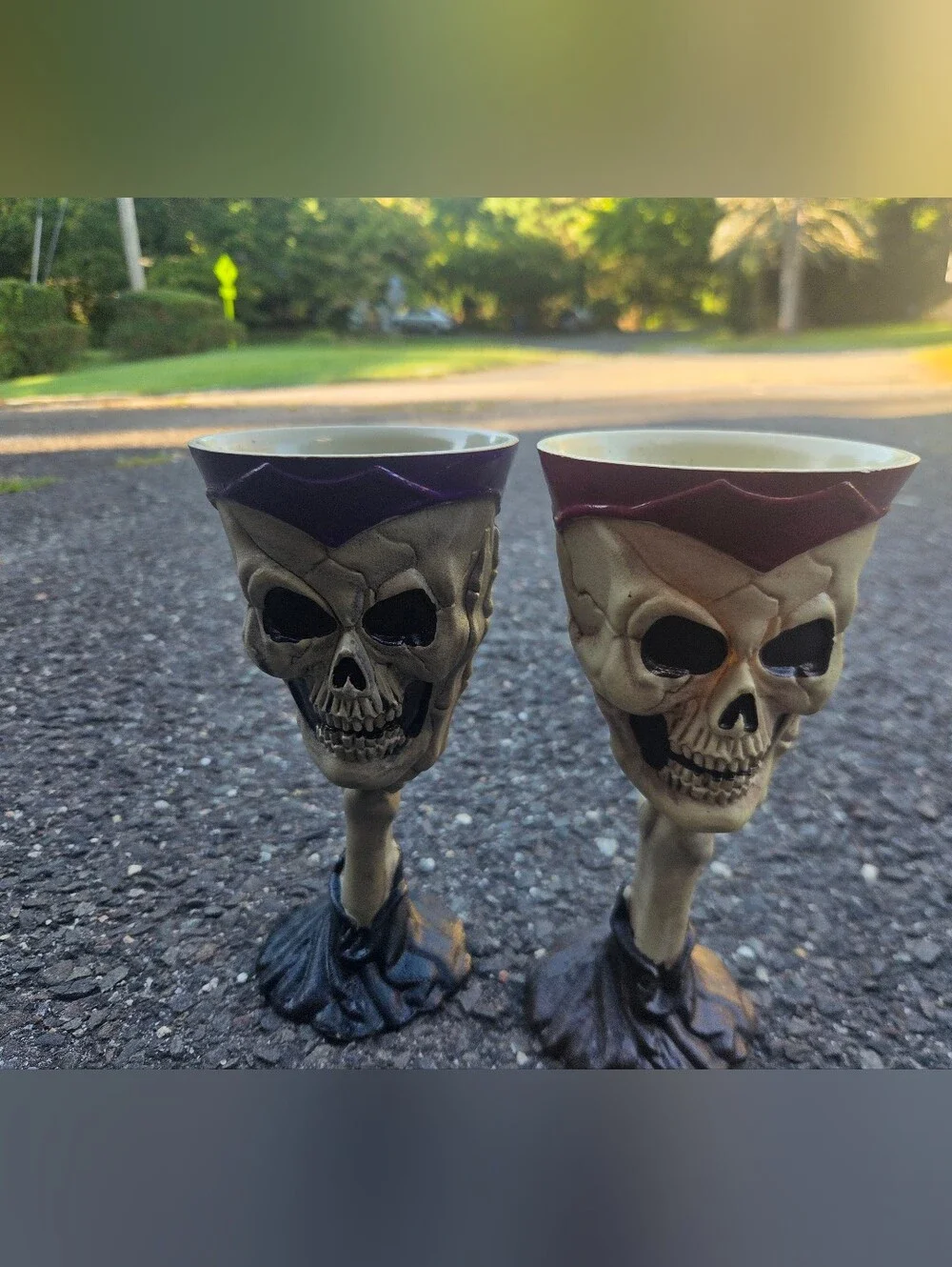 Vintage Skull Goblet Set – Pair of Beige & Purple Halloween Wine Cups